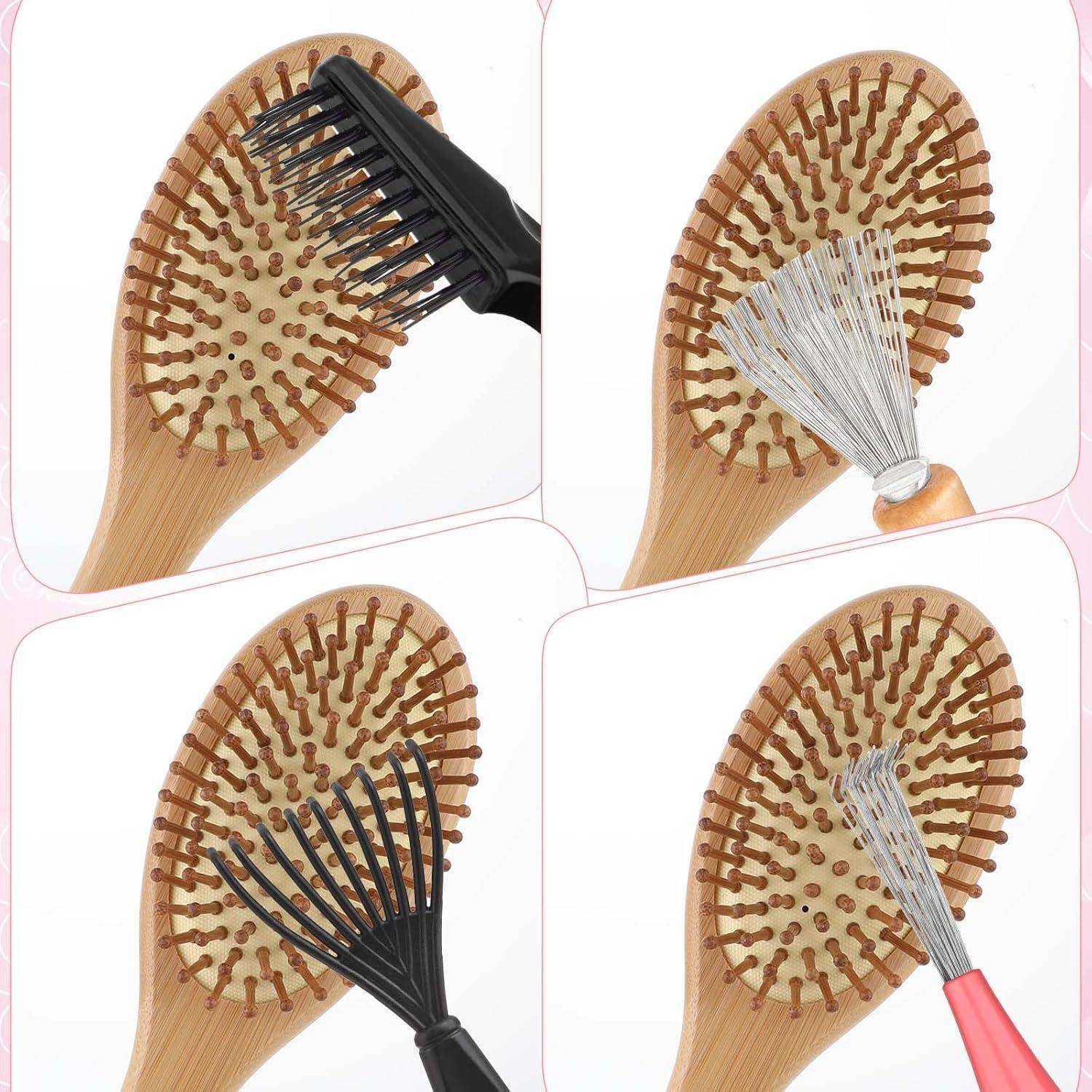 Vier Bilder, die verschiedene Kämme zeigen, die einen Haarbrush mit Holzborsten reinigen. Jeder Kamm befreit die eingeklemmten Haare zwischen den Borsten.