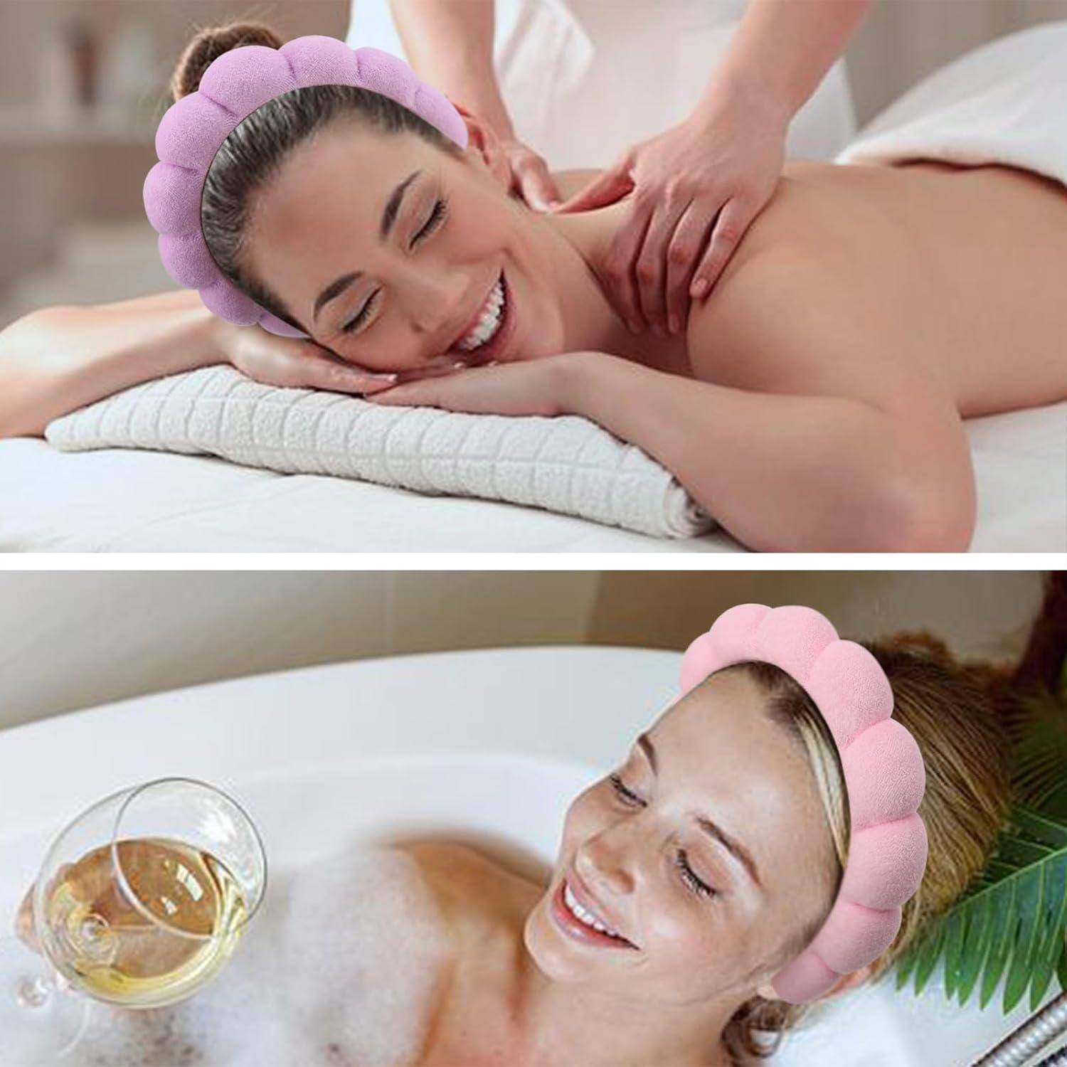 Eine Frau erhält eine Massage, liegt auf einer Liege und lächelt. Darunter entspannt sie sich in einer Badewanne voller Schaumblasen mit einem Glas Weißwein daneben.