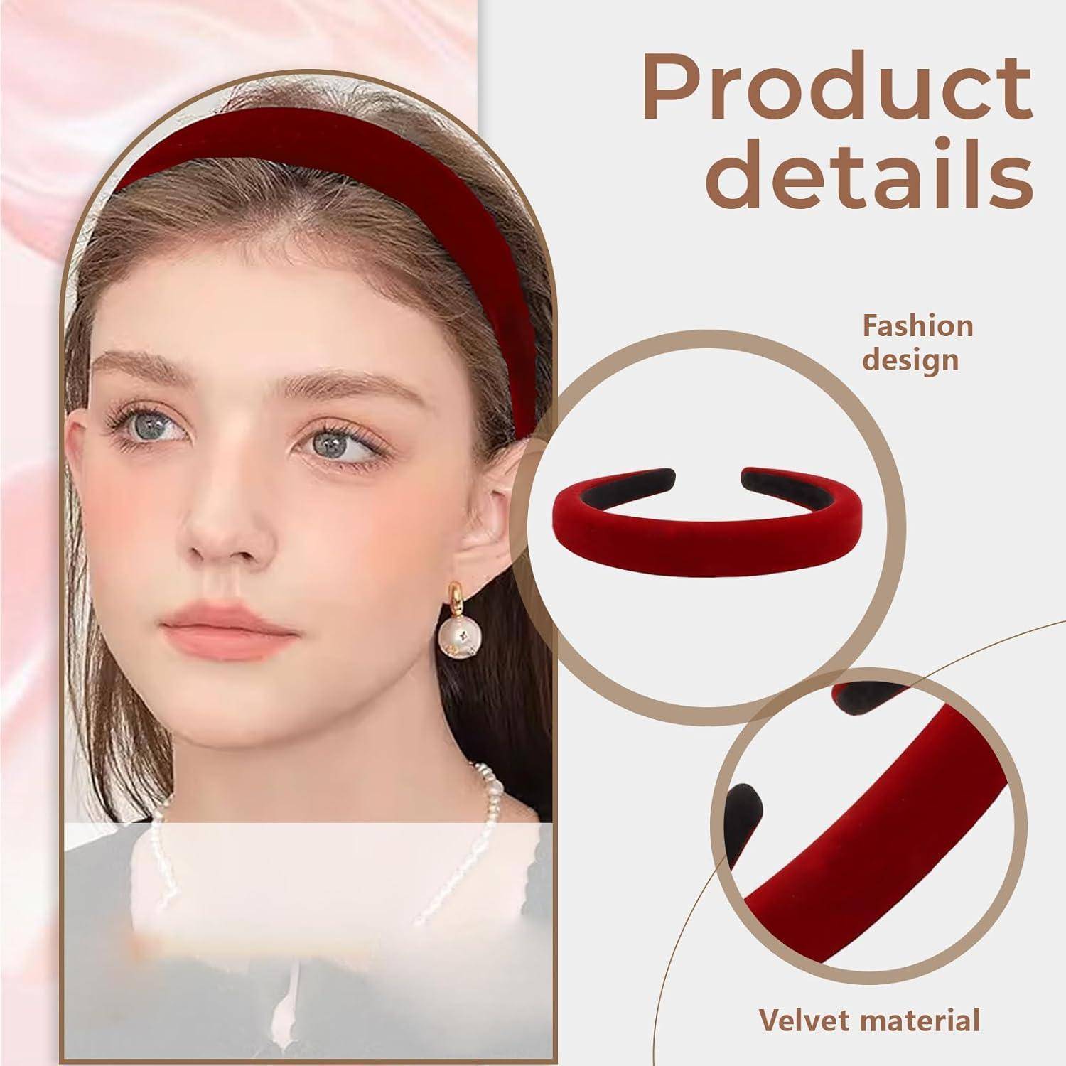 Produktdetails': Frau mit einem großen Samthaarbügel, Nahaufnahme des Haarbügels und Fokus auf das Sammtmaterial. Betonung des Modedesigns.