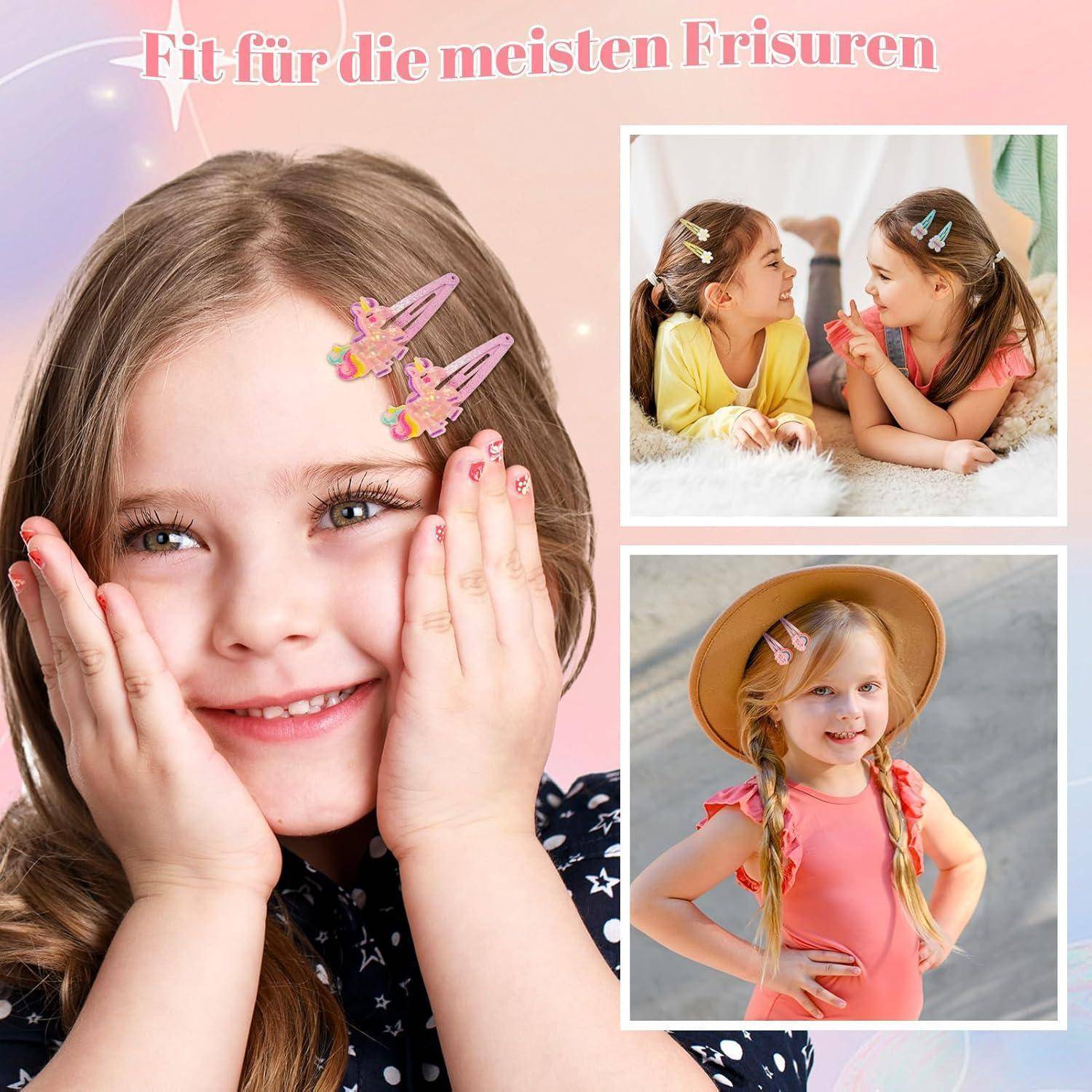 Junges Mädchen mit langen Haaren, das Einhorn-Haarspangen trägt, lächelt; zwei kleine Bilder zeigen Mädchen mit bunten Haaraccessoires, beschriftet mit „Fit für die meisten Frisuren