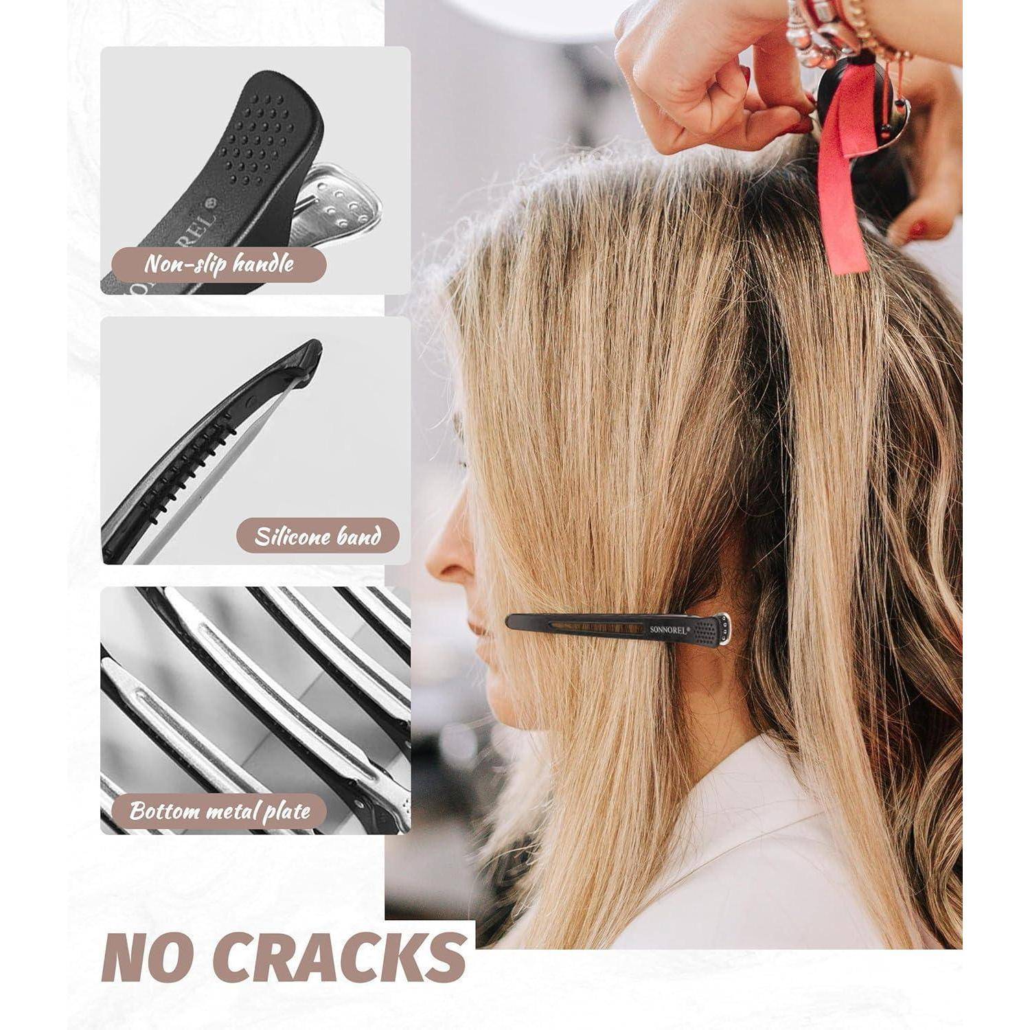 Eine Frau mit einer Haarspange, die Haarsträhnen teilt, mit den Merkmalen 'Rutschfester Griff', 'Silikonband', 'Untere Metallplatte'. Text darunter: 'Keine Risse'.