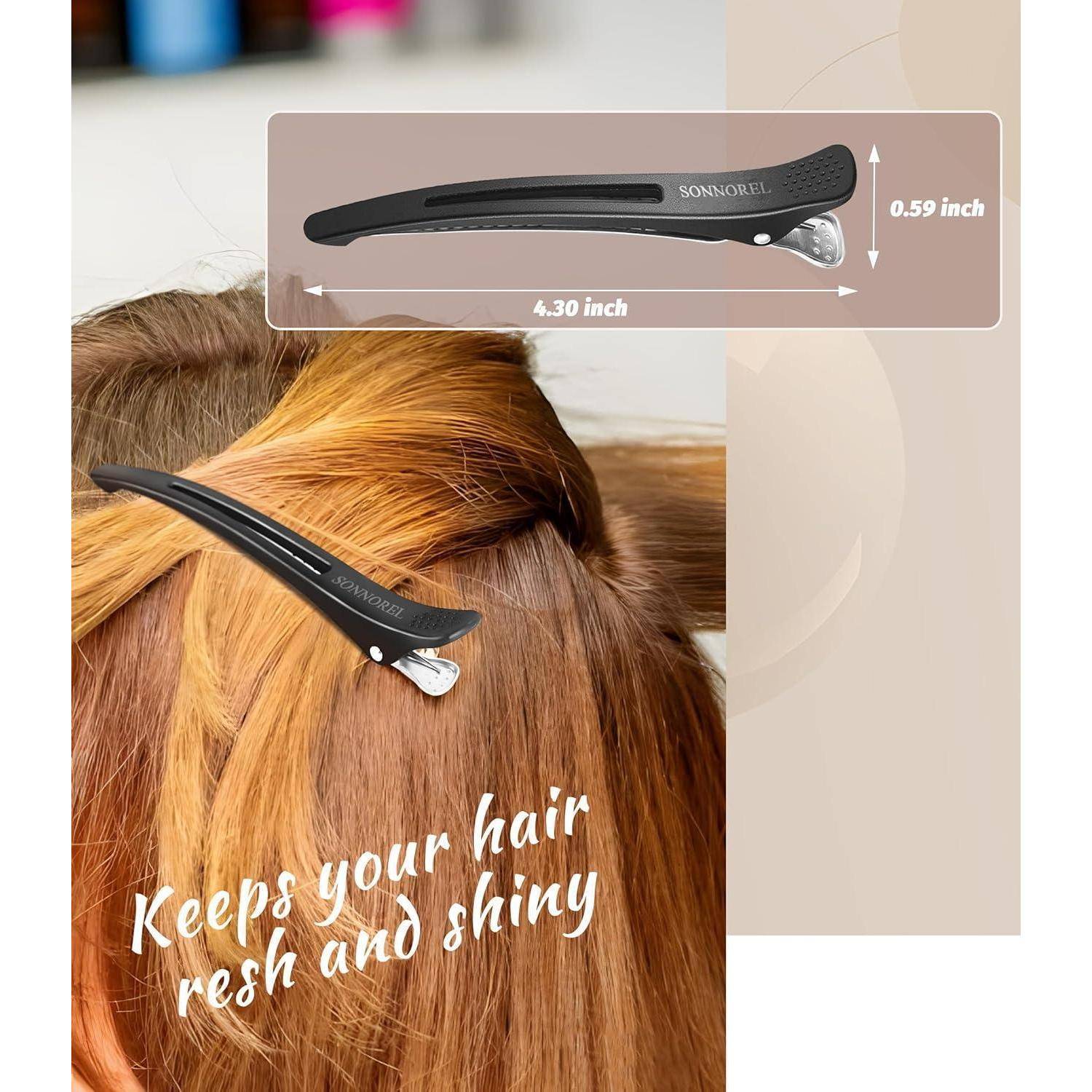 Eine Haarspange mit einer Länge von 4,30 Zoll befestigt eine Haarsträhne in Brauntönen, hervorgehoben durch den Text ‚Hält dein Haar frisch und glänzend'.