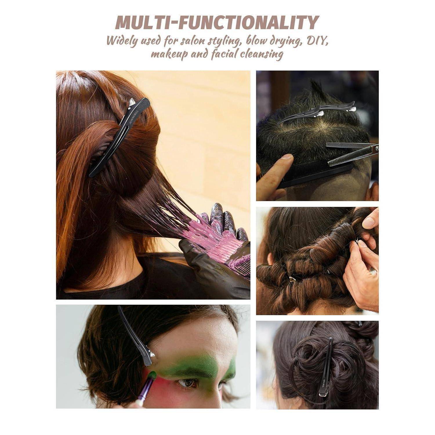 Collage von Frisur- und Make-up-Tätigkeiten, die die Multifunktionalität von Clips für Styling, DIY und Reinigung veranschaulichen.