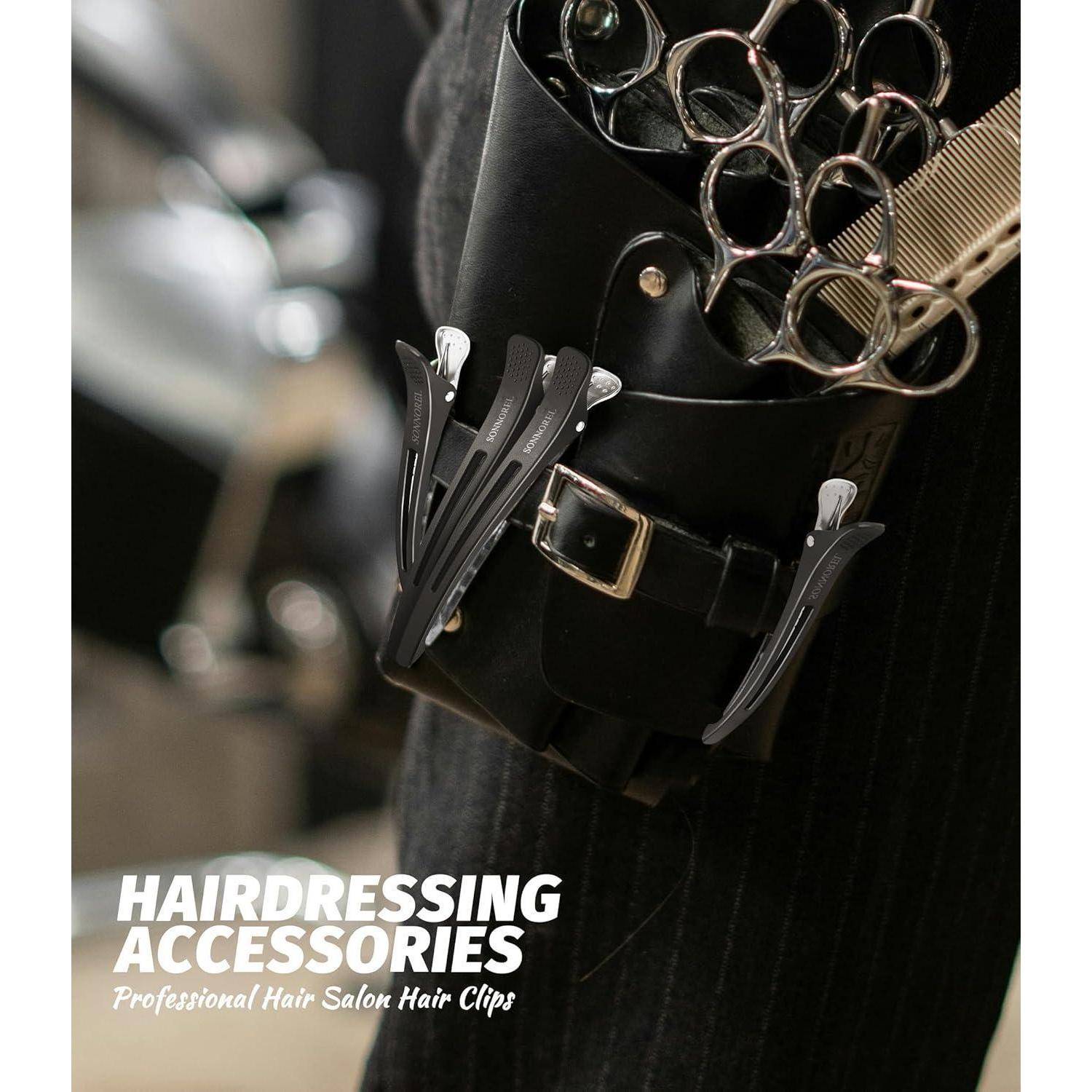 Ein Friseur-Werkzeuggürtel mit Scheren und Haarklammern mit dem Text „FRISEUR-ZUBEHÖR Professioneller Haar-Salon Haarklammern