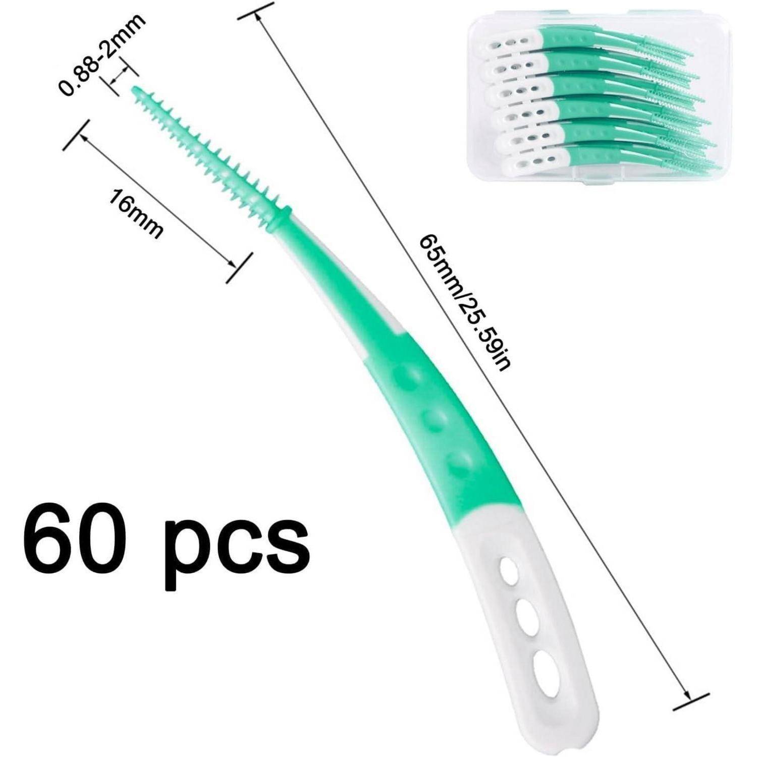 Grüne und weiße Interdentalbürste mit beschrifteten Abmessungen. Oben rechts ist die Verpackung mit 60 ähnlichen Bürsten zu sehen.