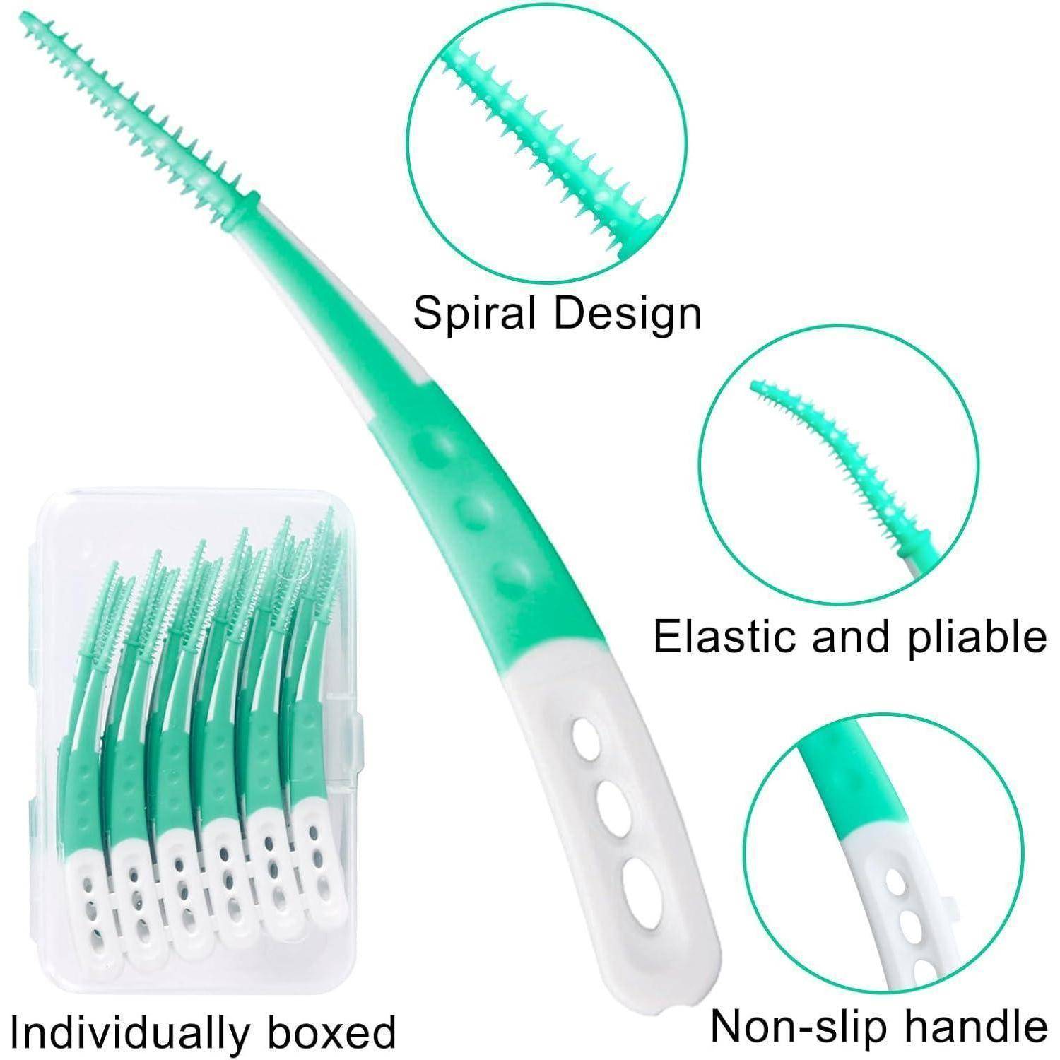 Interdentalbürste mit spiralförmigem Design, elastischen und biegsamen Eigenschaften, rutschfestem Griff und Einzelverpackung.