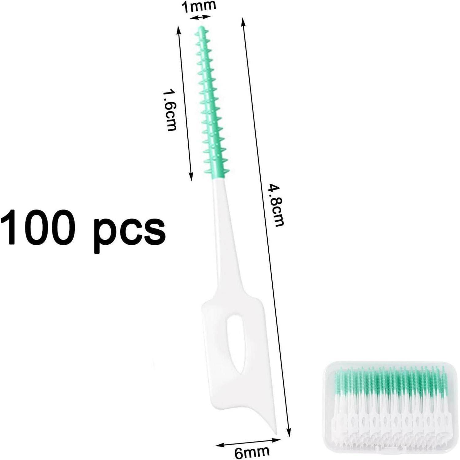 Interdentalbürsten-Diagramm mit Abmessungen: 4,8 cm Länge, 6 mm Breite. Enthält 100 Stück mit grünen Borsten.
