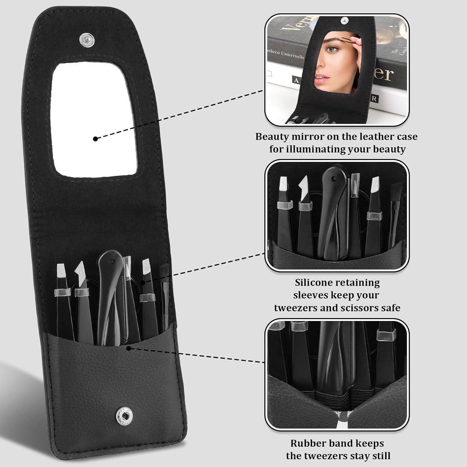 Eine schwarze Ledertasche für Pinzetten mit einem integrierten Spiegel. Enthält Silikon-Schutzhüllen und ein Gummiband zum Befestigen verschiedener Pinzetten und Scheren.