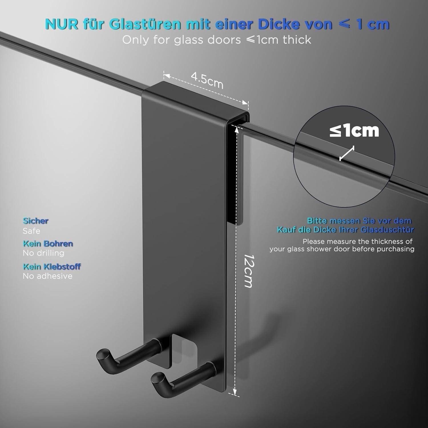 Nur für Glastüren < 1cm dick. Kein Bohren, kein Kleben. Sicher.' Diagramm, das einen Türhaken mit Maßen zeigt: 4,5 cm Breite, 12 cm Höhe.