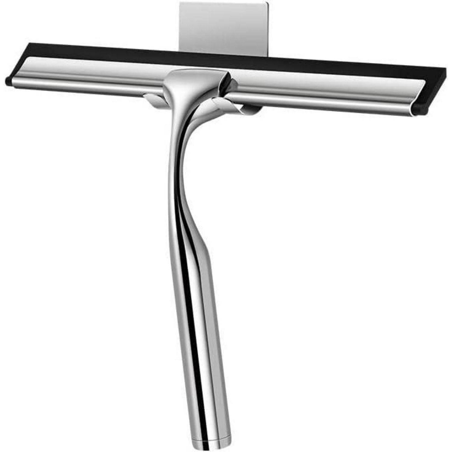 Ein schlanker, moderner Metallabzieher mit einem geschwungenen Griff und einer geraden Klinge, montiert auf einer Wandhalterung.
