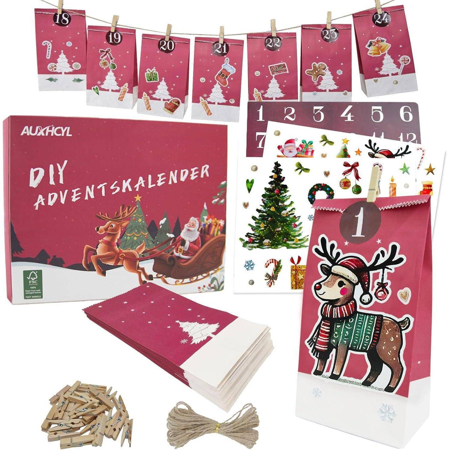 DIY Adventskalender-Set mit roten Papiertüten, nummerierten Aufklebern mit festlichen Designs, Garn und Klammern zum Aufbau eines Adventskalenders.
