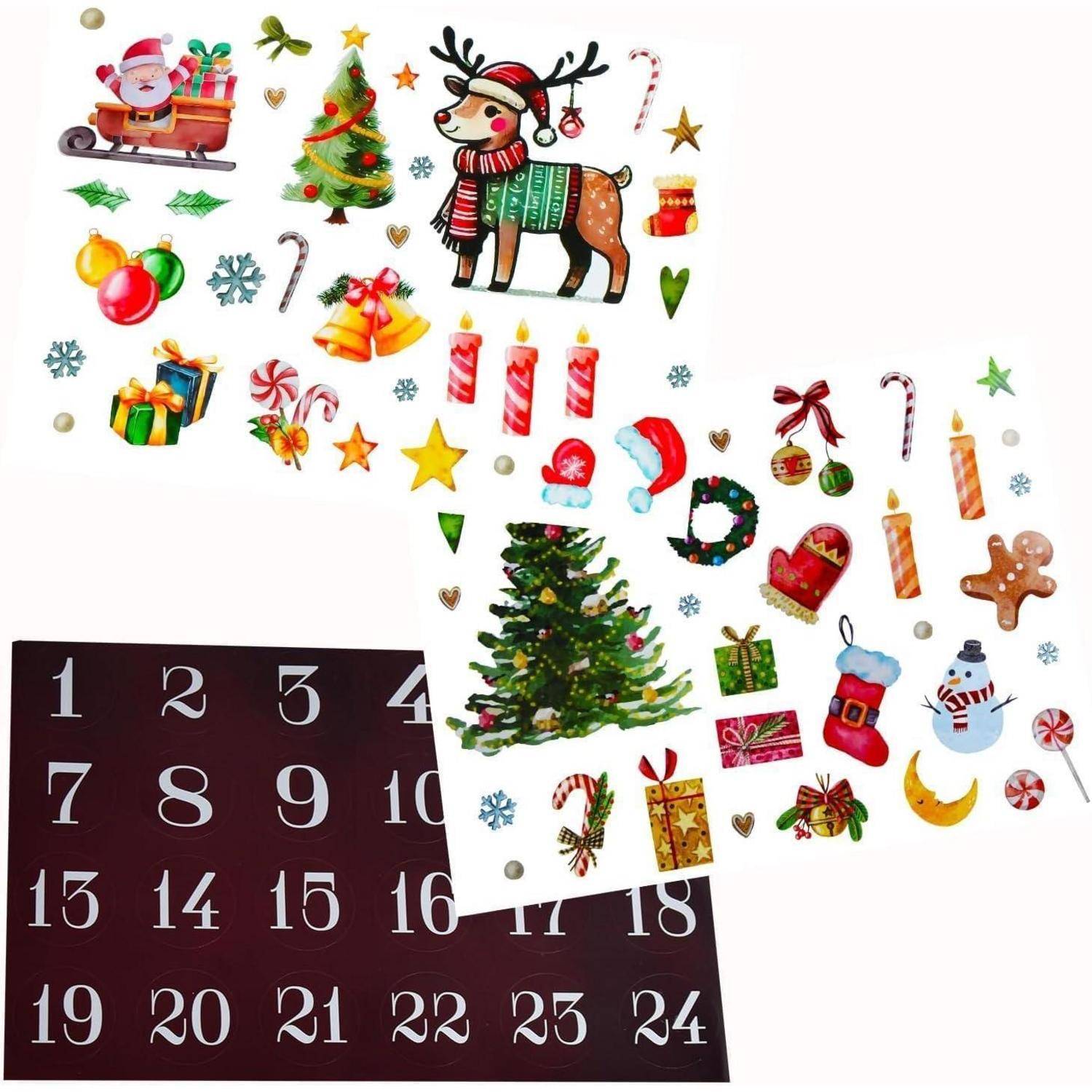 Weihnachts-Adventskalender mit Nummern von 1 bis 24. Enthält festliche Designs wie Weihnachtsmann, Rentiere, Geschenke und Weihnachtsdekorationen.