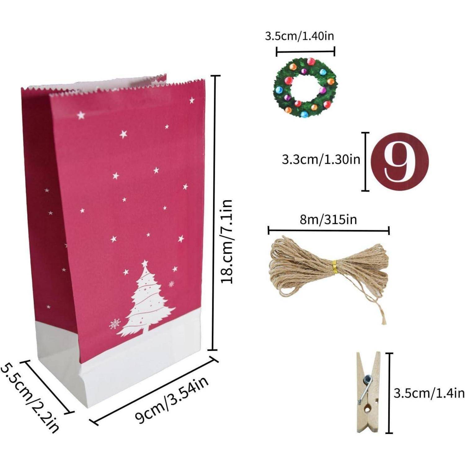 Weihnachtsgeschenktasche-Set enthält eine rot-weiße baumthematische Tasche (18 cm x 9 cm x 5,5 cm), einen Mini-Kranz (3,5 cm), Bindfaden (8 m) und eine Holzklammer (3,5 cm).