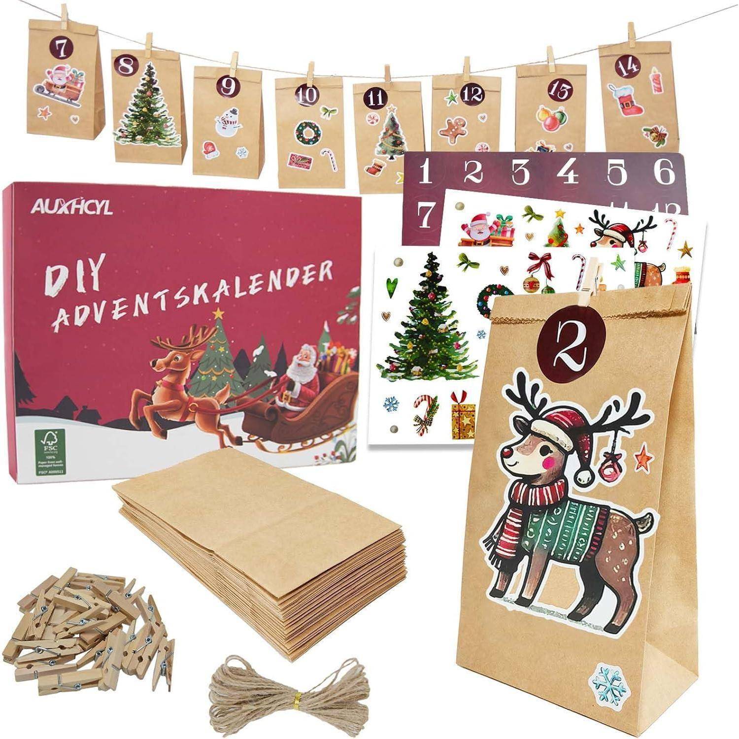 DIY Adventskalender-Set mit nummerierten Papiertüten, Stickern, Garn und Klammern mit festlichen Designs wie Rentieren und Weihnachtsbäumen.