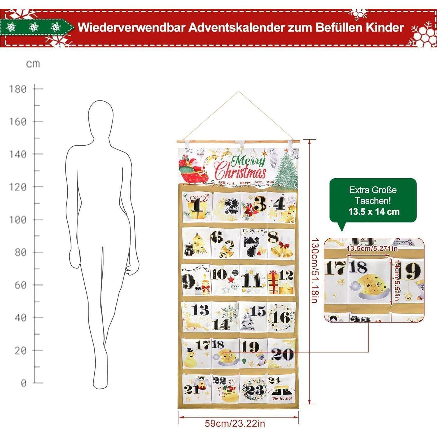 Adventskalender befüllbar Stoff 24 Taschen Wand 128x58cm Gold