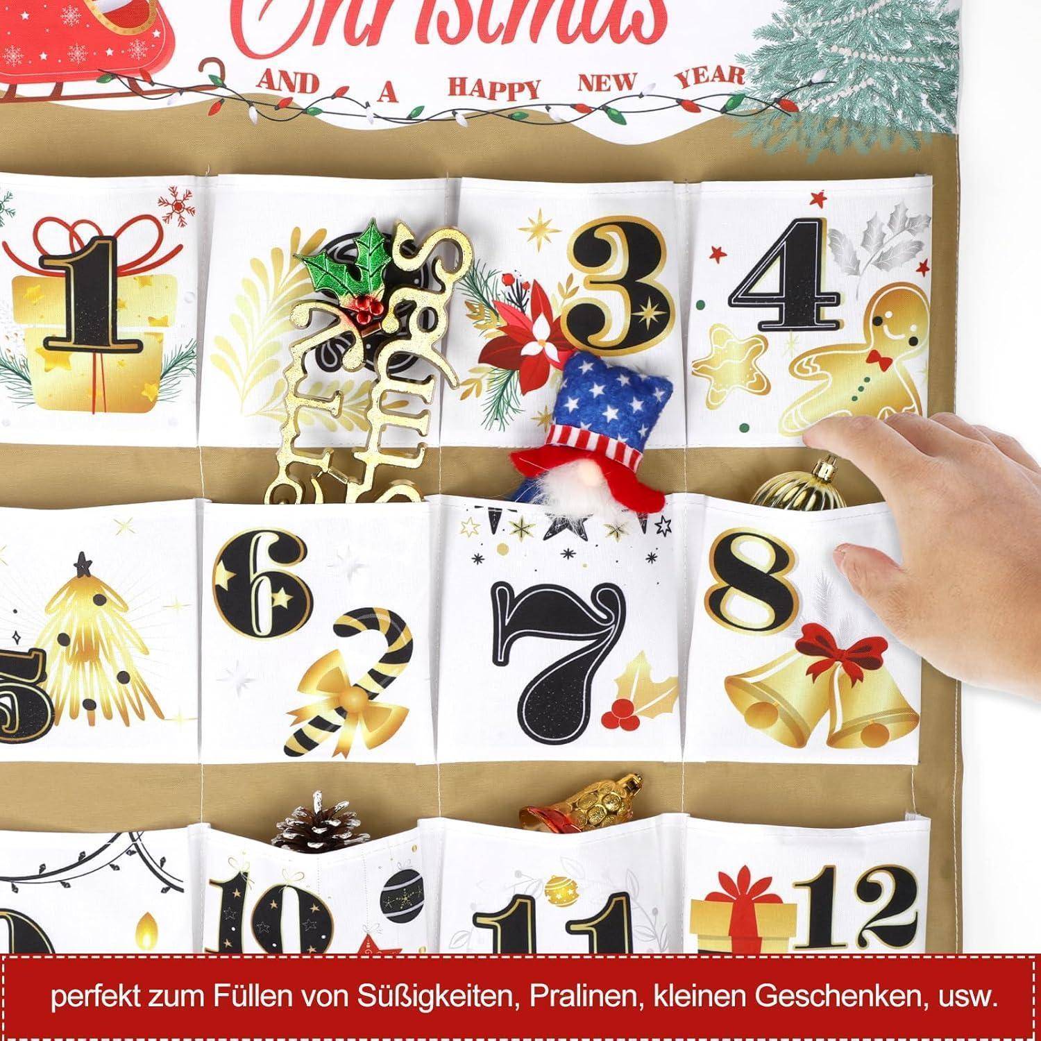 Hand, die sich zu einem Adventskalender mit 24 dekorierten Taschen streckt, die jeweils mit einer Nummer versehen und kleine Gegenstände oder Geschenke enthaltend.