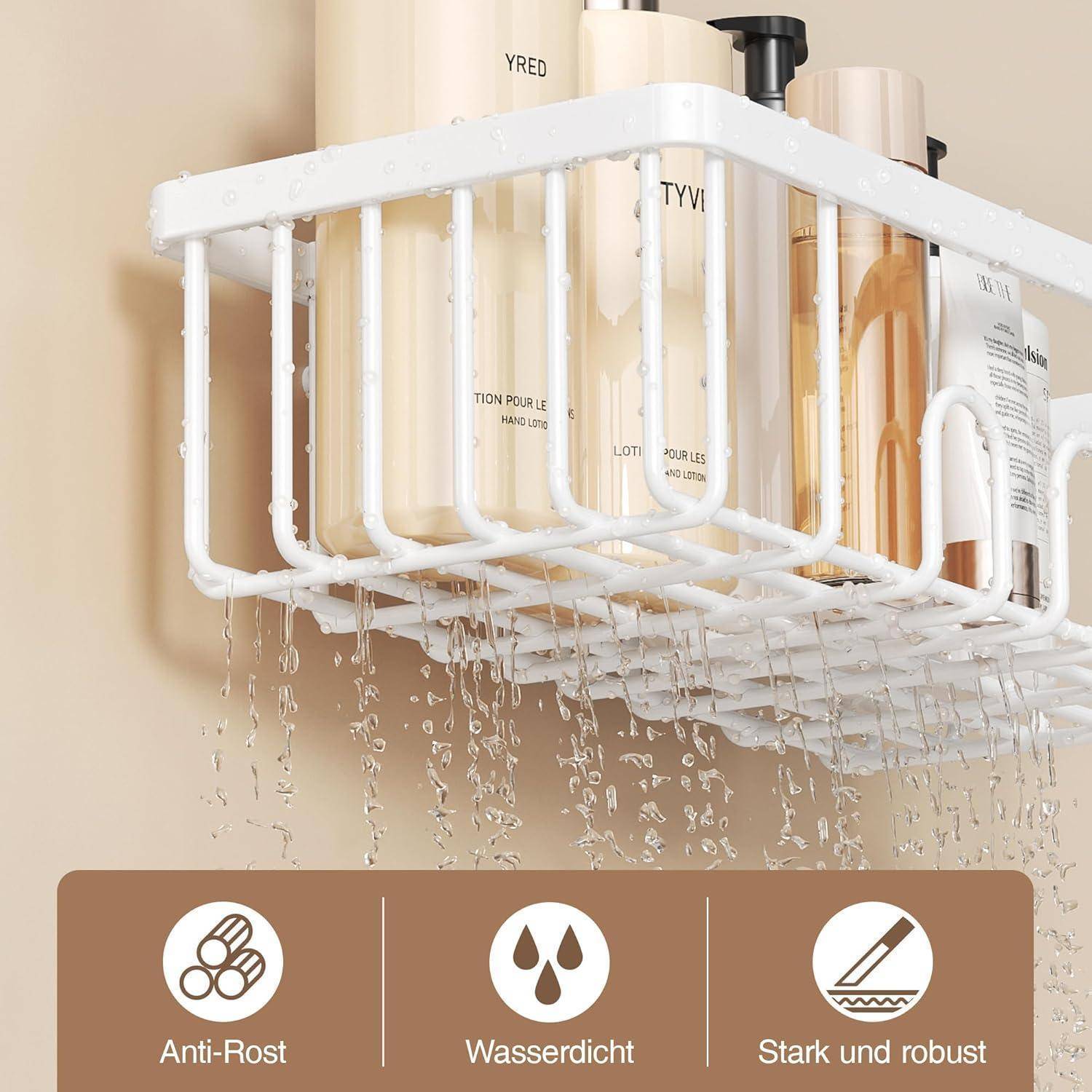 Ein weißes Duschablage hält verschiedene Shampoo- und Lotionsfläschchen, mit Wassertropfen, die herabfließen. Icons unten zeigen Rostbeständigkeit, Wasserdichtigkeit und robuste Bauweise an.