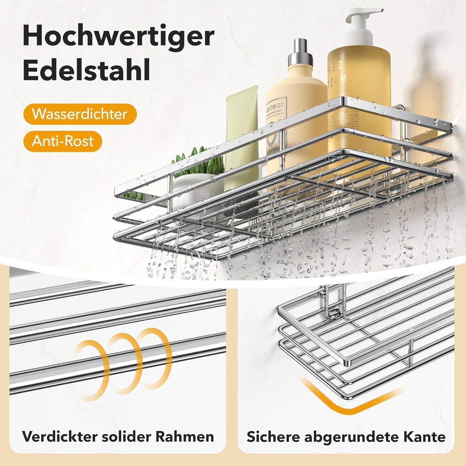 Ein Badezegalregal aus Stahl hält Seifenspender. Text auf Deutsch hebt Merkmale hervor: 'Hochwertiger Edelstahl', 'Wasserdichter', 'Anti-Rost'.