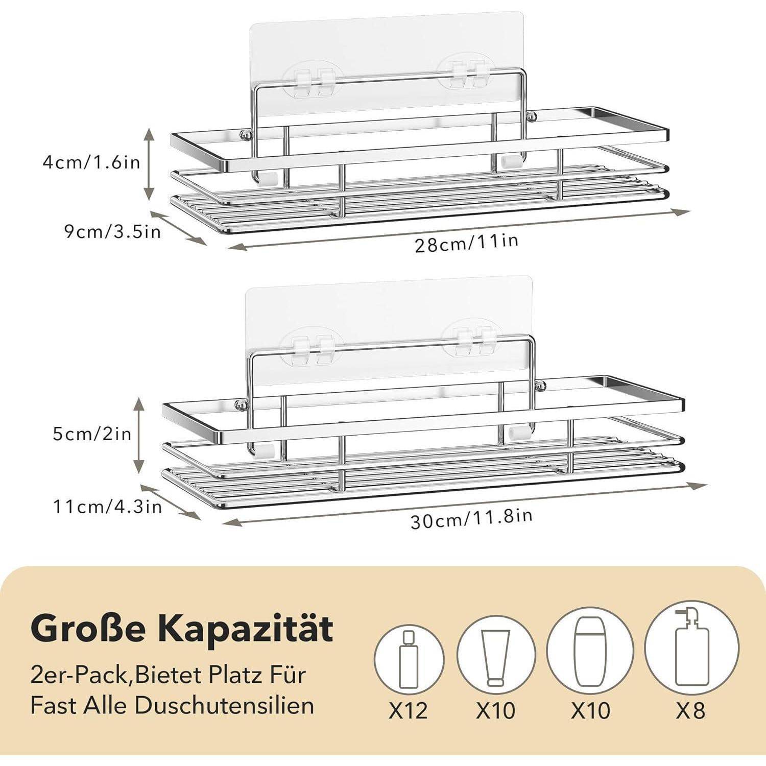 Zwei wandmontierte Metallhalterungen mit Saugnäpfen, Abmessungen beschriftet. Text auf Deutsch unten hebt das große Fassungsvermögen zum Aufbewahren verschiedener Toilettenartikel hervor.