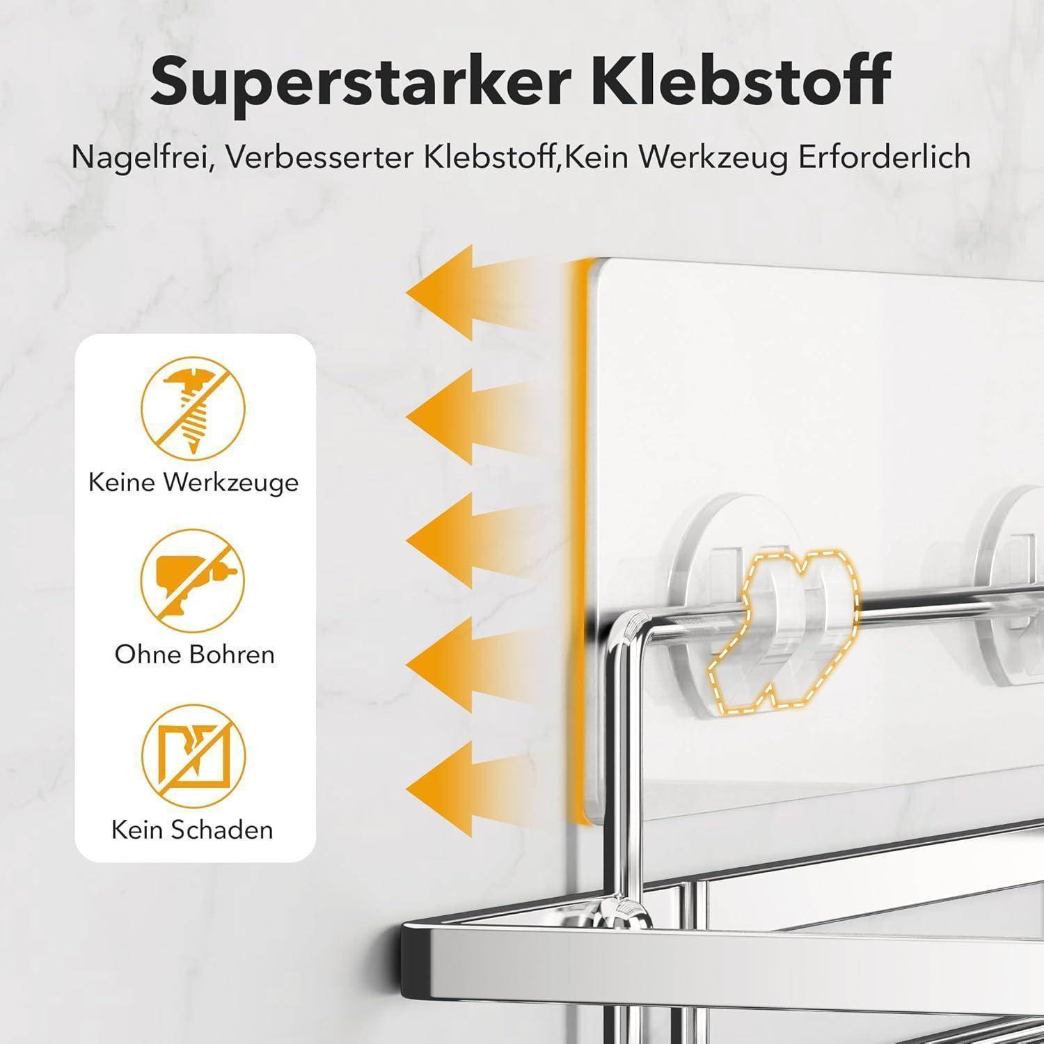 Superstarker Klebstoff: Klebestreifen ohne Nägel, ohne Bohren, ohne Schäden. Diagramm zeigt Klebeschichten mit Pfeilen. Verwendungsillustrationen links.