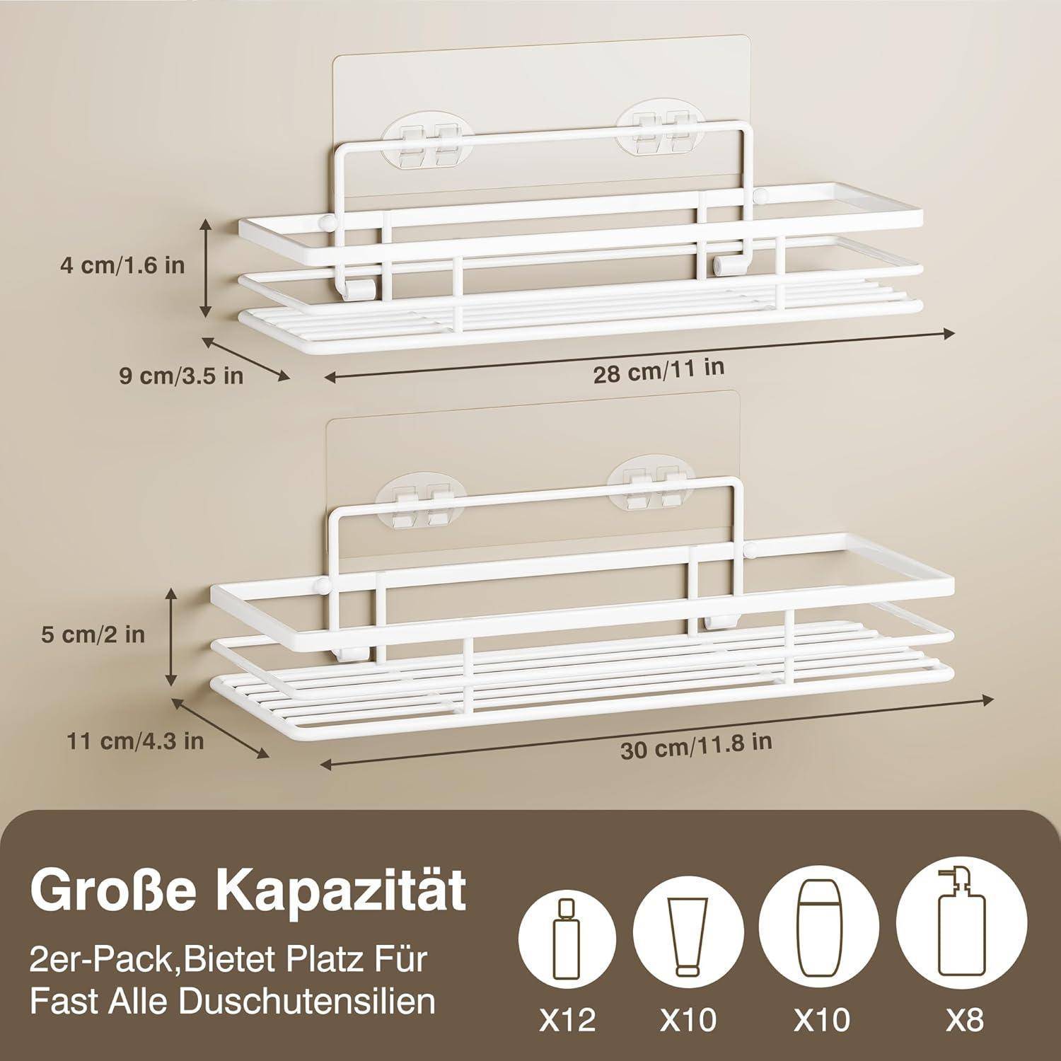 Große Kapazität 2er-Pack, Bietet Platz Für Fast Alle Duschutensilien' weiße Aufbewahrungsregale, Maße: oben 24x8 cm, unten 30x11 cm.
