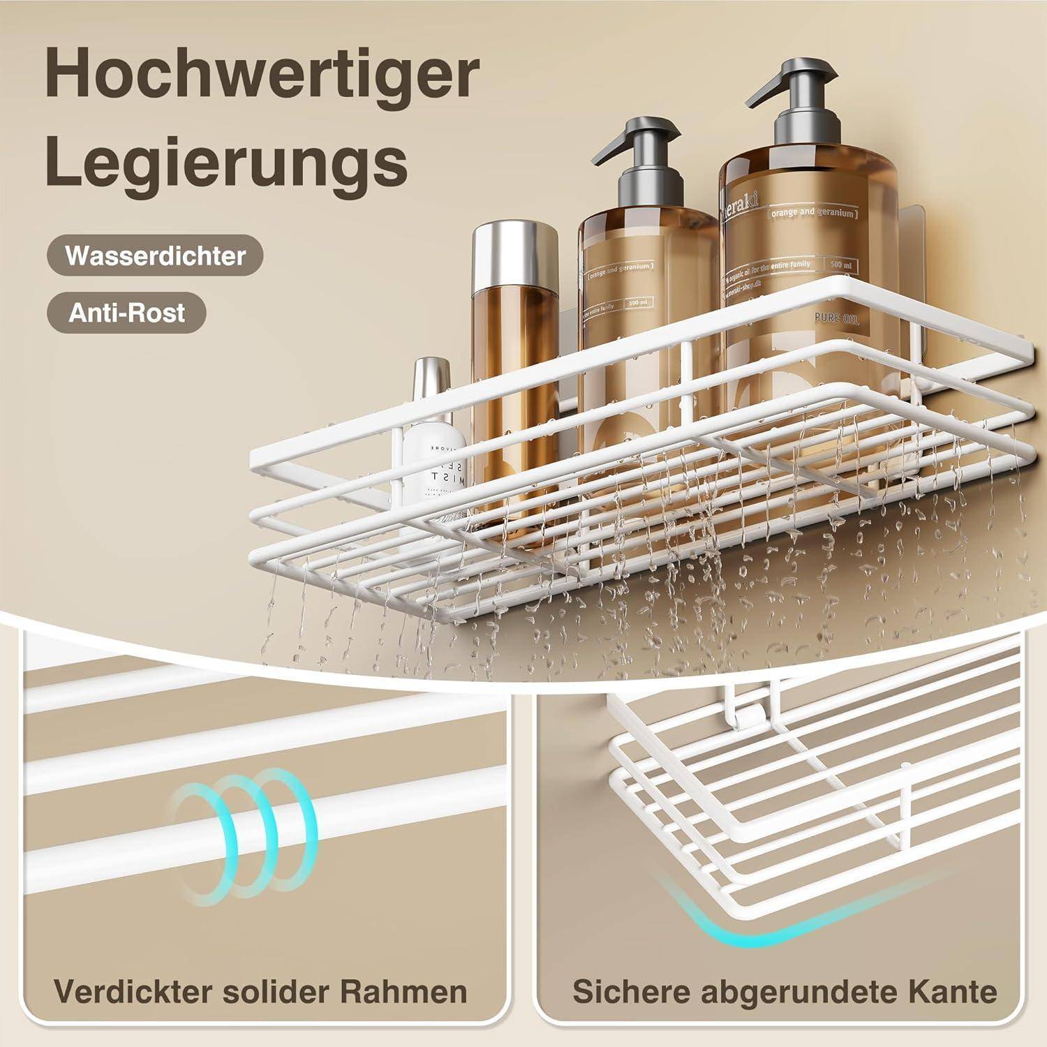 Wandmontiertes weißes Duschablage mit Flaschen, mit Aufschrift 'Hochwertiger Legierungs'. Eigenschaften: wasserbeständig, rostfrei, robust.