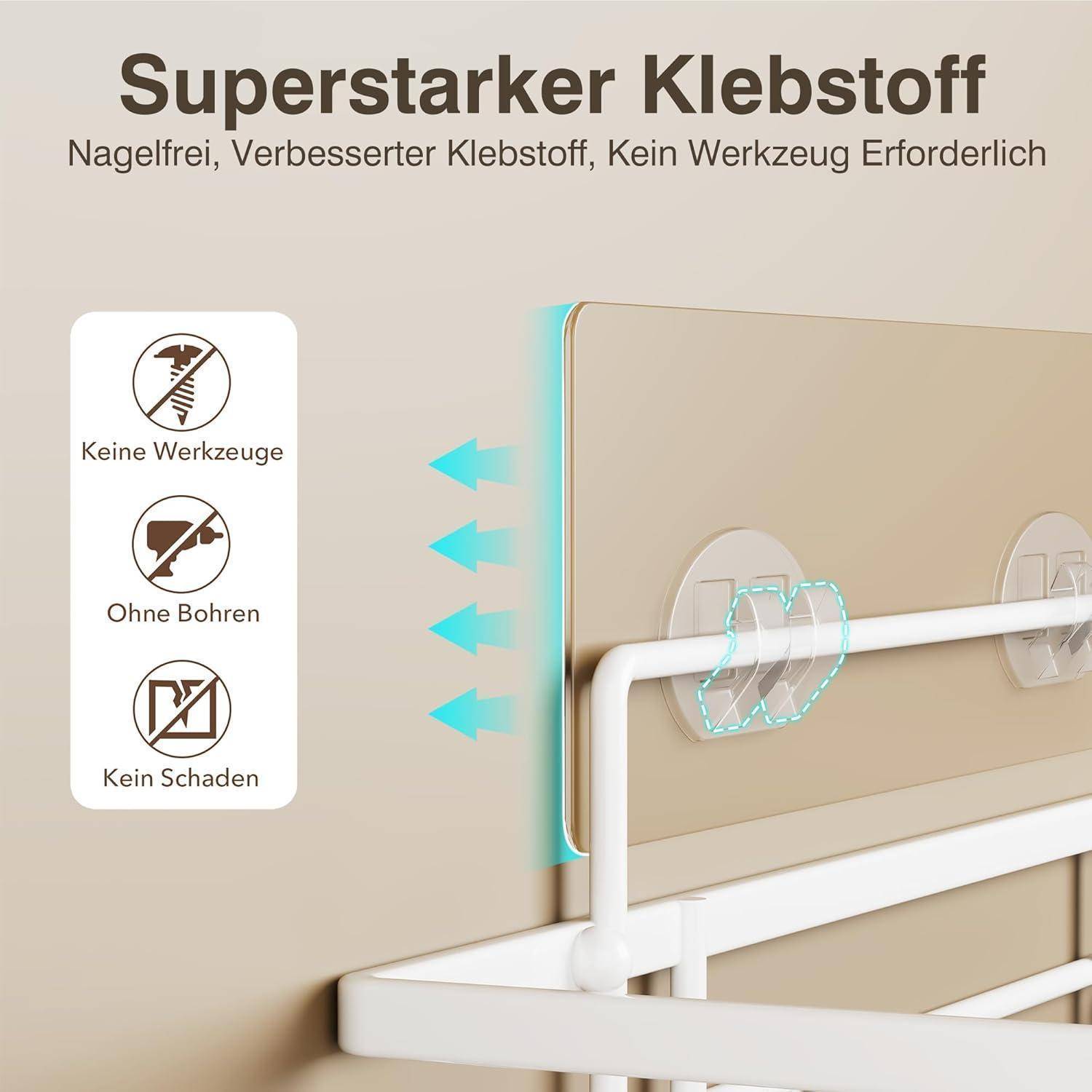 Wandmontierte Aufbewahrungsablage mit 'superstarker Klebstoff', die eine montagefreie Installation ohne Bohrungen bewirbt.