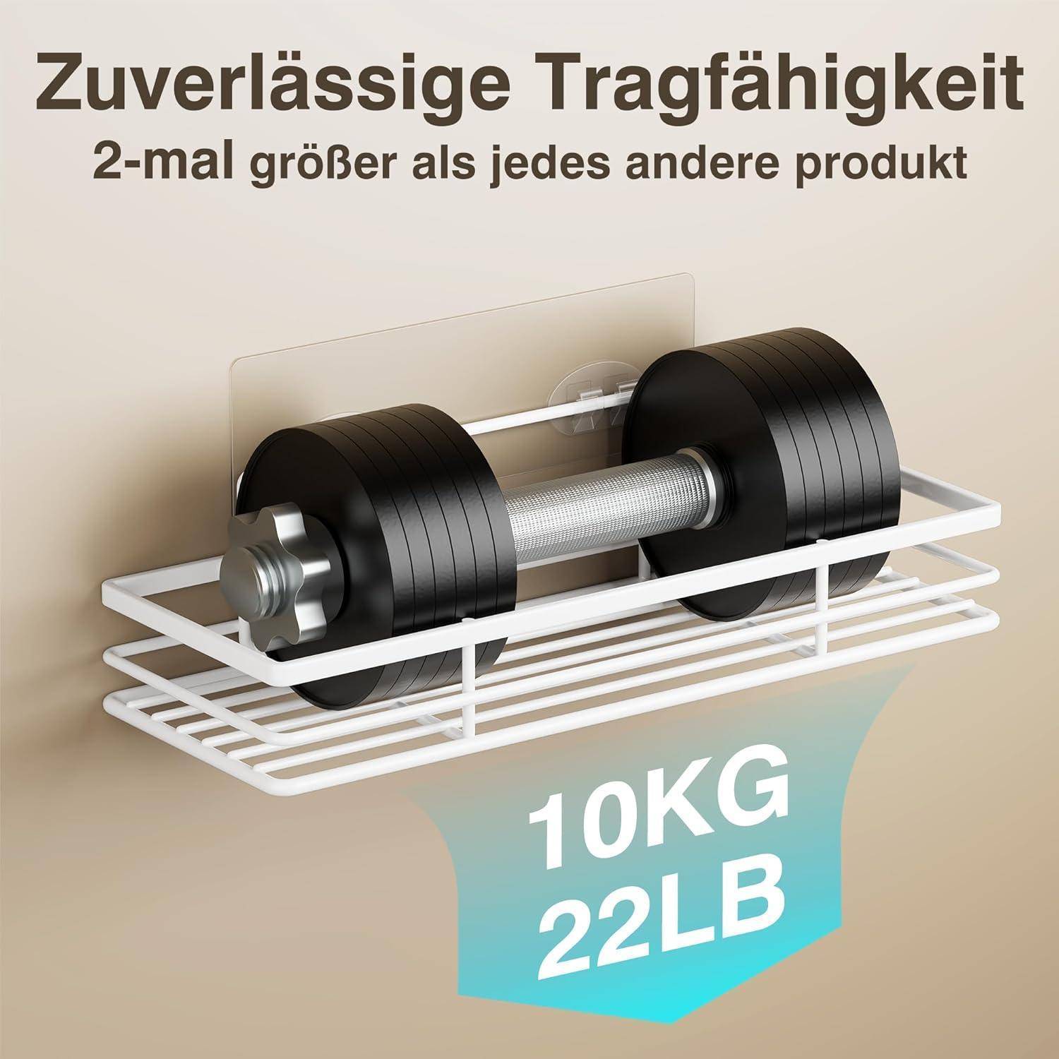 Ein schwarzes Kurzhantel auf einem weißen Regal; Text lautet 'Zuverlässige Tragfähigkeit, 2-mal größer als jedes andere Produkt', '10 KG 22 LB'.