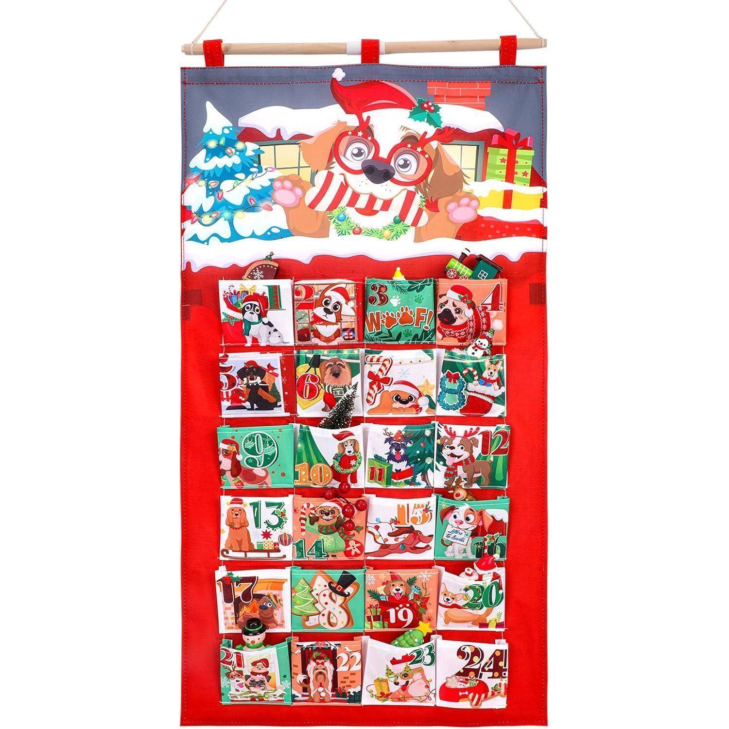 Adventskalender mit einem fröhlichen Welpen mit Weihnachtsmannmütze an der Spitze. Er verfügt über 24 nummerierte Taschen mit festlichen Designs und weihnachtlichen Motiven.