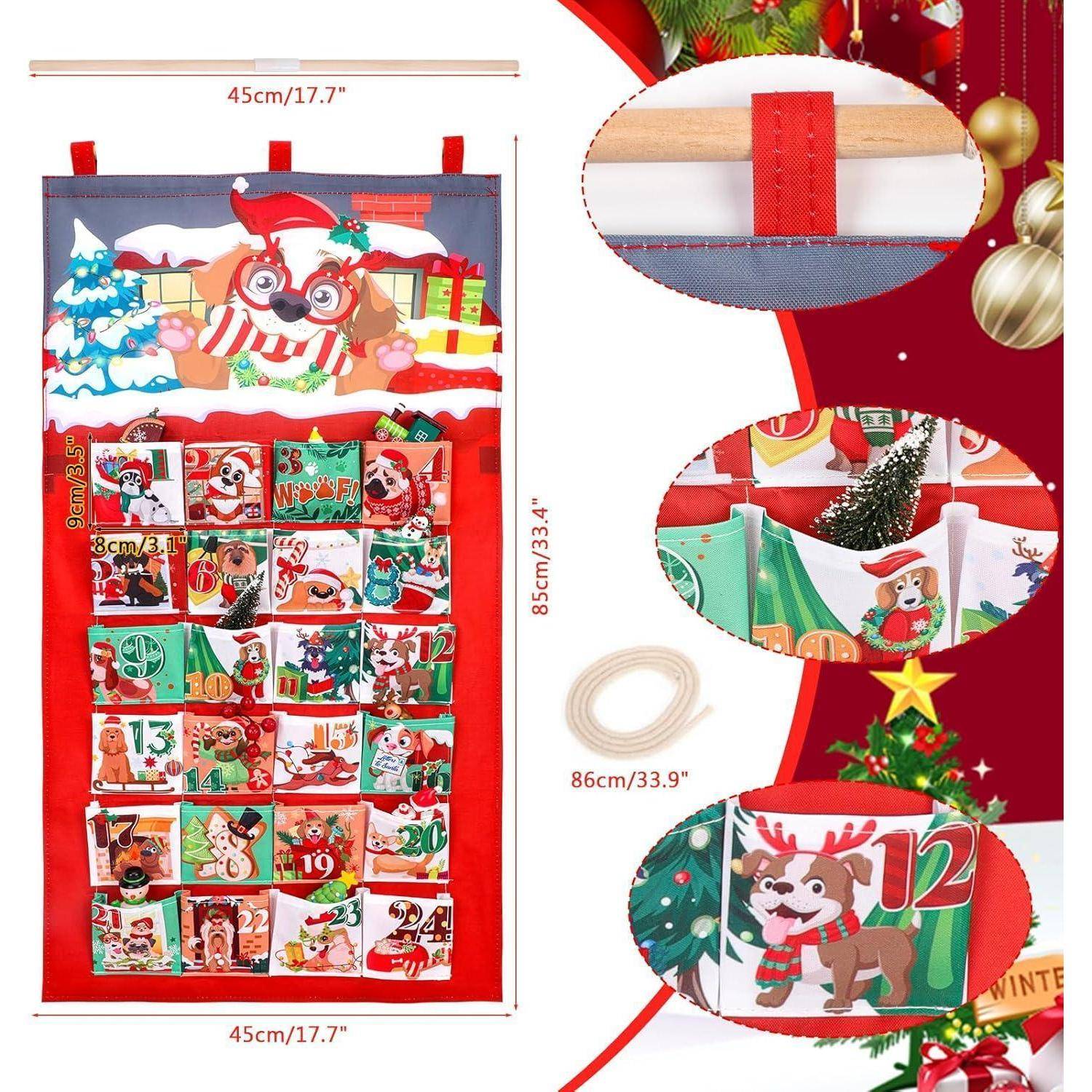 Rot und grün gestalteter Weihnachts-Adventskalender zum Aufhängen, 24 Taschen mit festlichen Designs und Zahlen, Maße 45 cm x 85 cm.