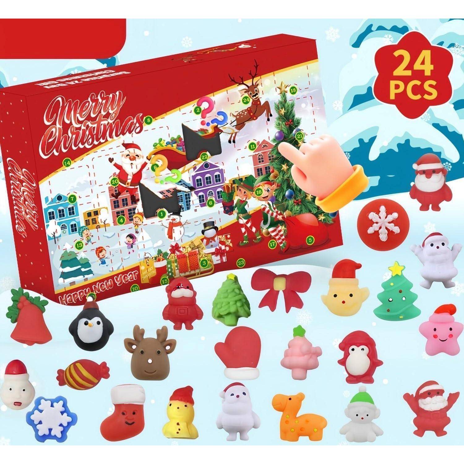 Adventskalender-Box mit 'Frohe Weihnachten'-Schriftzug und festlichen Illustrationen; enthält 24 verschiedene weihnachtlich gestaltete Figuren.