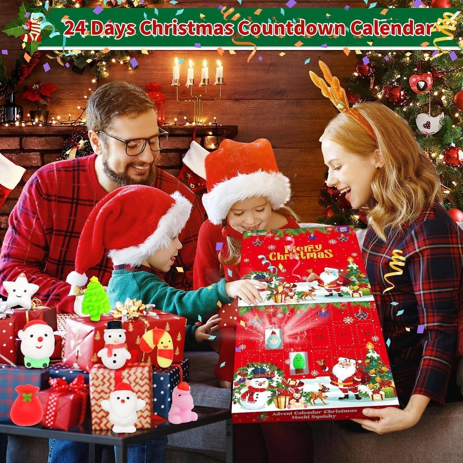 Eine Familie sitzt an einem geschmückten Kamin und freut sich darauf, einen '24 Tage Weihnachts-Countdown-Kalender' mit Geschenken und Weihnachtsdekoration zu öffnen.