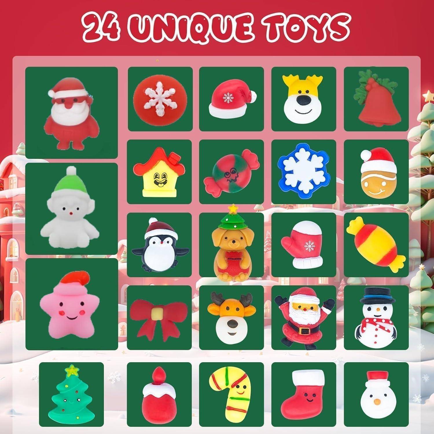 24 einzigartige Spielzeuge' Kollektion mit verschiedenen weihnachtlich gestalteten Spielzeugdesigns, darunter Weihnachtsmann, Schneemann, Rentier und weitere festliche Charaktere.