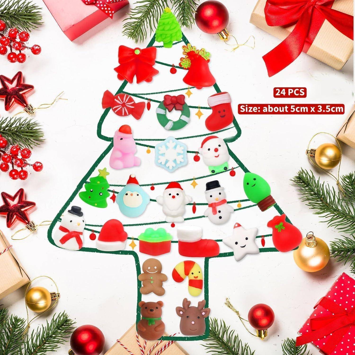 Eine Sammlung von 24 weihnachtlich gestalteten Radiergummis in Form von Dekorationen, die auf einem Baumumriss angeordnet sind und von Geschenken und Weihnachtsschmuck umgeben sind.