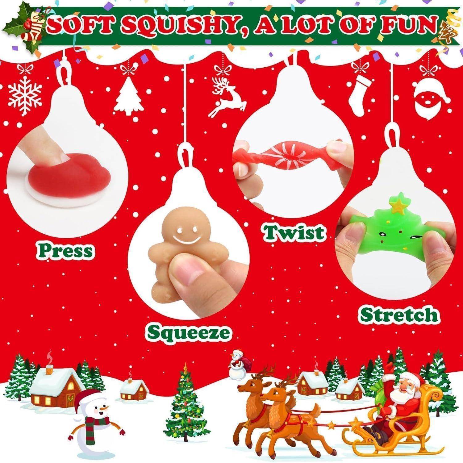 Weihnachtlich gestaltetes Bild mit vier Arten von Stressspielzeugen: 'Drücken', 'Drehen', 'Quetschen', 'Dehnen', unter der Überschrift 'Weich und Quetschig, Sehr Viel Spaß'.