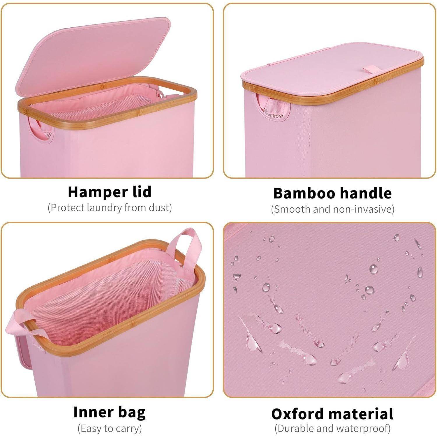 Bild zeigt einen rosa Wäschekorb mit Beschreibungen: Deckel zum Schutz vor Staub, Bambusgriff, Innentasche, strapazierfähiges, wasserdichtes Oxford-Material.