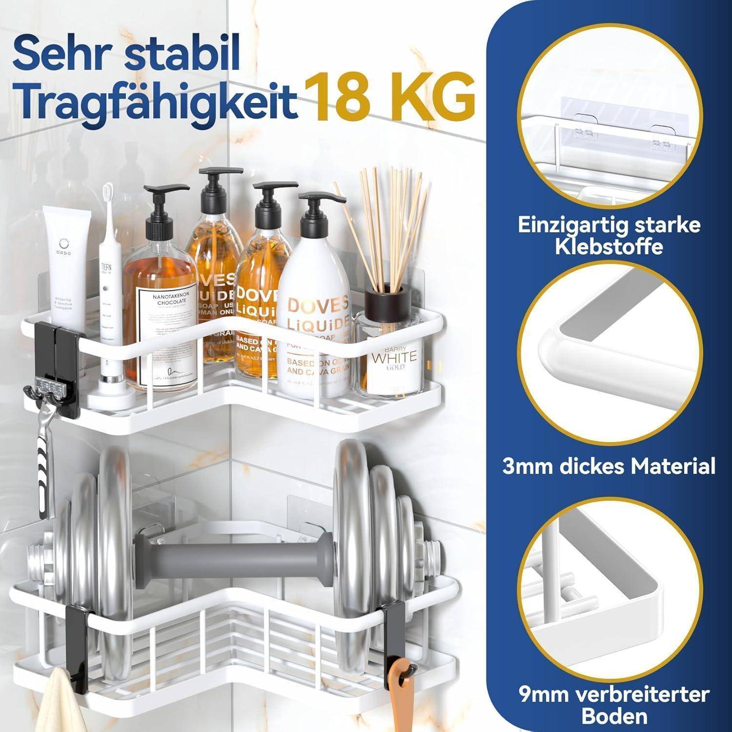 Eckregal mit Flüssigkeitsflaschen und Gewichten. Texthervorhebungen betonen starken Klebstoff, 3 mm dickes Material und 9 mm verbreiterte Basis. Tragfähigkeit: 18 kg.