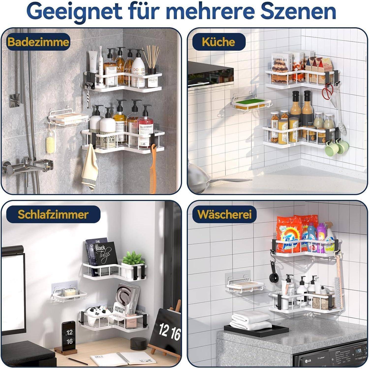 Vier Bilder zeigen Wandregale in verschiedenen Räumen: Badezimmer, Küche, Schlafzimmer und Waschraum, die jeweils verschiedene Gegenstände organisieren.