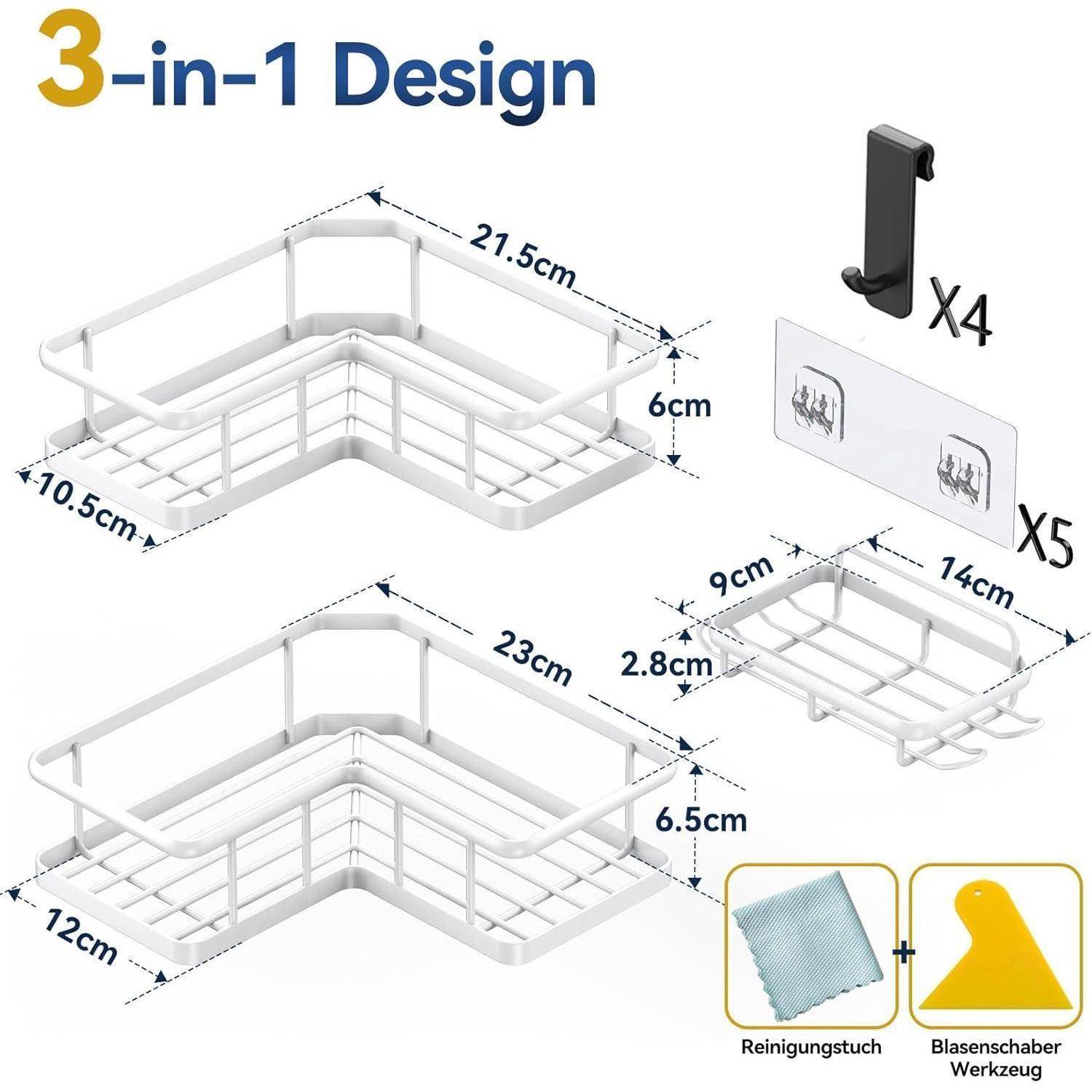 Design-Eckregale für die Wand '3-in-1 Design' mit Maßen und Komponenten. Enthält Haken, Klebepads und Reinigungstuch.