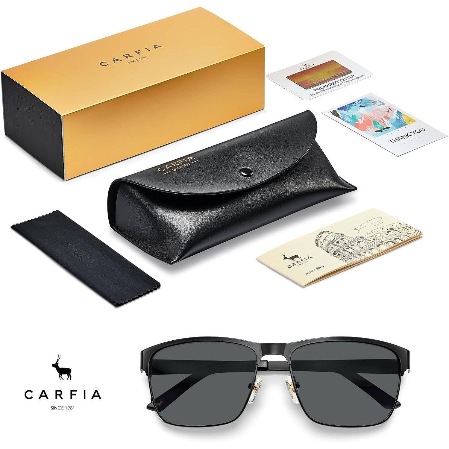 Schwarze Sonnenbrille mit Ledertasche, Reinigungstuch, Dankeskarte, Markenprospekt und Markenverpackung. Markenname 'CARFIA'.