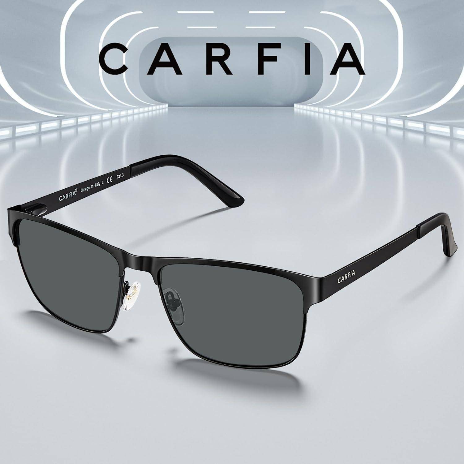 Sonnenbrille mit dunklen Gläsern und dünnem Rahmen auf einer reflektierenden Oberfläche, vor einem futuristischen Tunnelhintergrund mit dem Markennamen 'CARFIA' darüber.