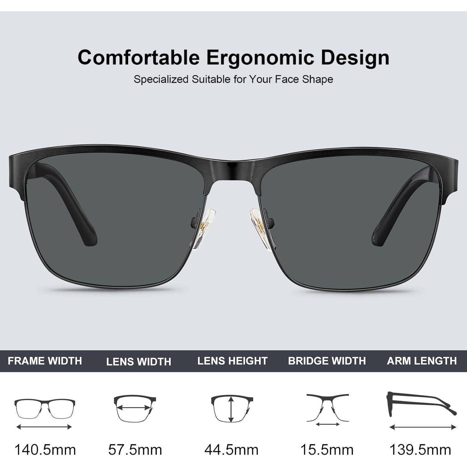 Sonnenbrille mit schwarzem Rahmen und dunklen Gläsern. Maße im Folgenden: Rahmenbreite 140,5 mm, Glasbreite 57,5 mm, Glashöhe 44,5 mm, Stegbreite 15,5 mm, Bügellänge 139,5 mm.
