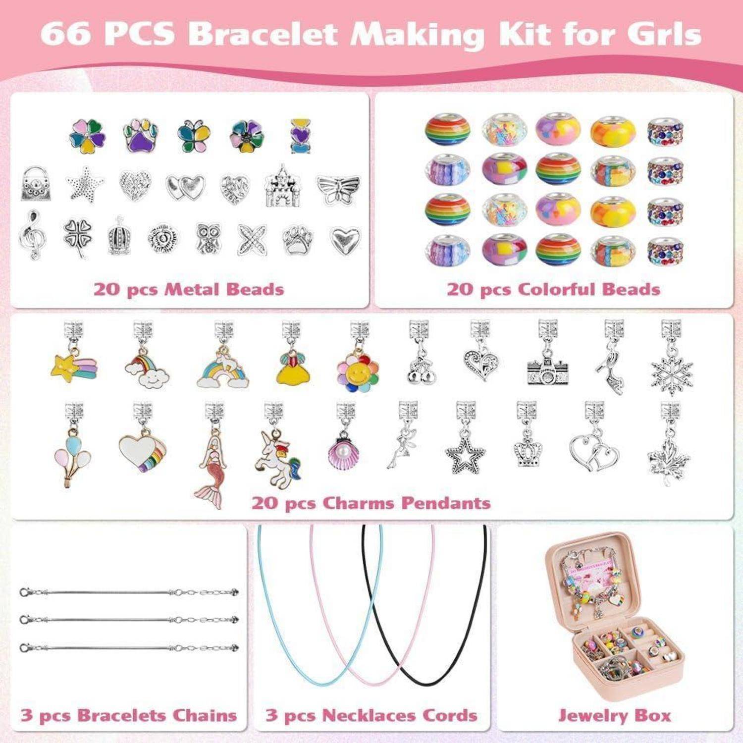 66-teiliges Armbandherstellungs-Set für Mädchen' enthält 20 Metallperlen, 20 bunte Perlen, 20 Anhänger-Charms, 3 Armbantketten, 3 Halskettenschnüre und eine Schmuckbox.