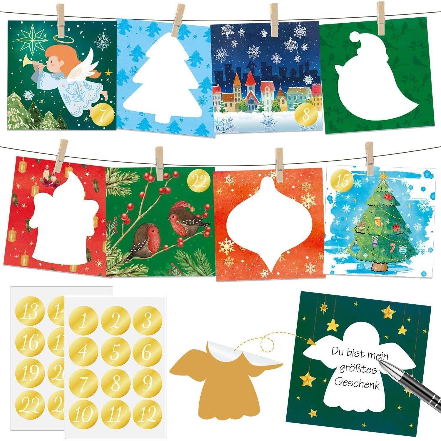 Adventskalender-Set mit Engel- und Weihnachtsdesigns, inklusive nummerierter Sticker, sechs dekorativer Karten und einer Botschaftskarte: „Du bist mein größtes Geschenk.
