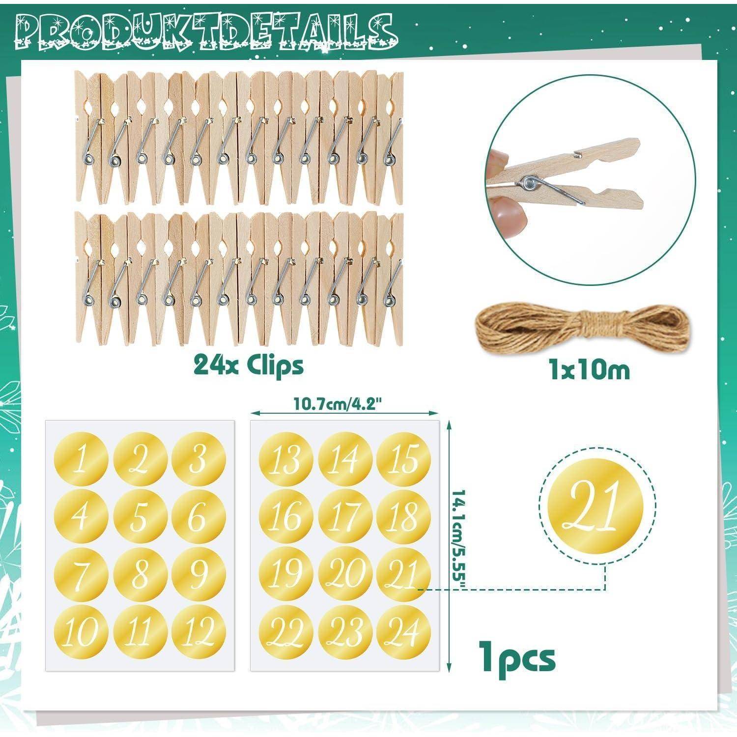 Produktdetails': 24 Holzklammern, 10m Garn, 21 nummerierte Aufkleber.