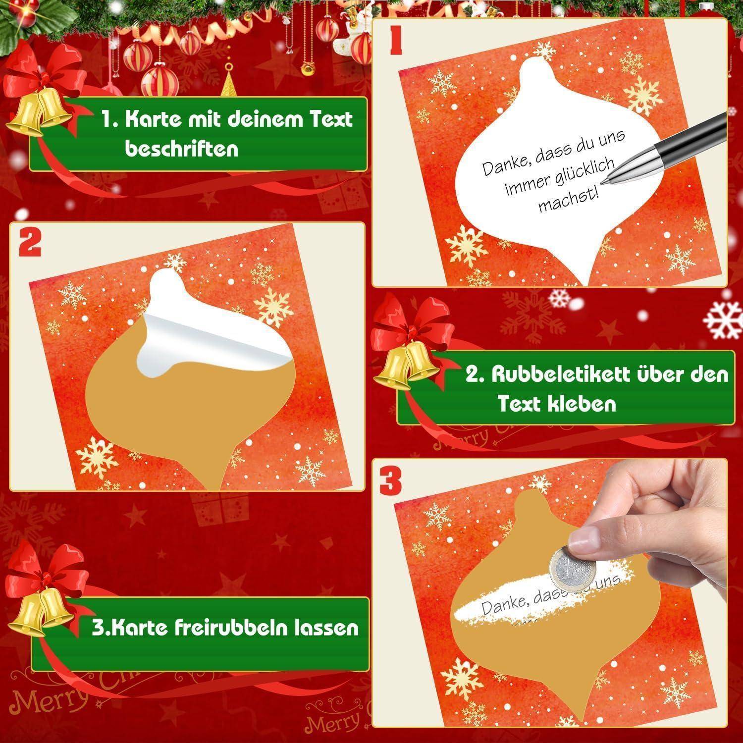 Schritt-für-Schritt-Anleitung zum Erstellen einer personalisierten Karte. Schritt 1: Schreiben Sie Ihre Nachricht. Schritt 2: Abdecken mit einem Scratch-off-Etikett. Schritt 3: Karte zum Aufkratzen freilassen.