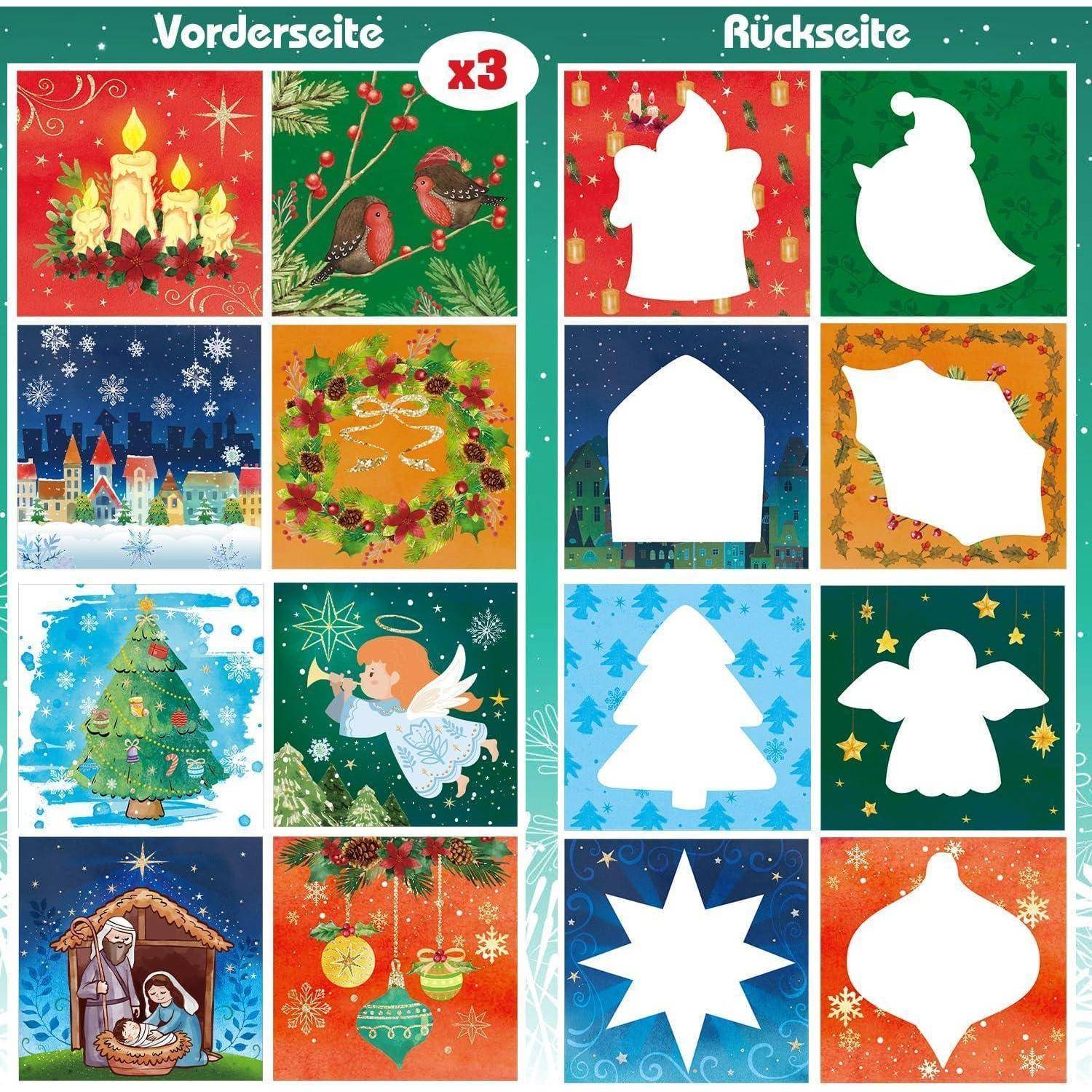 Design eines Adventskalenders mit weihnachtlichen Illustrationen, darunter Kerzen, Vögel, Kränze, Stadtlandschaften, Bäume, Engel und die Weihnachtsgeschichte.