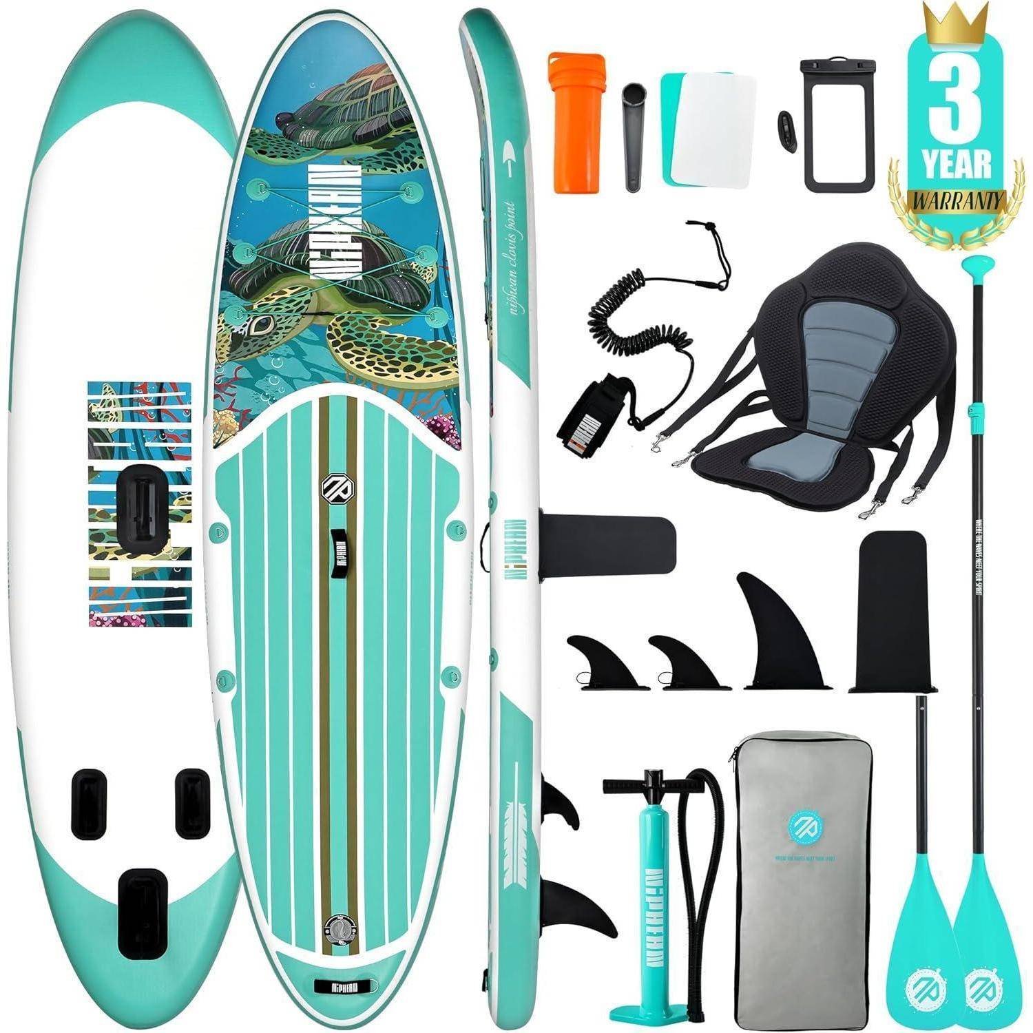 Aufblasbares Stand-up-Paddle-Board-Set mit Sitz, Pumpe, Paddel, Reparaturset und Sicherheitsausrüstung. Enthält ein Garantiesiegel für 3 Jahre in der oberen rechten Ecke.