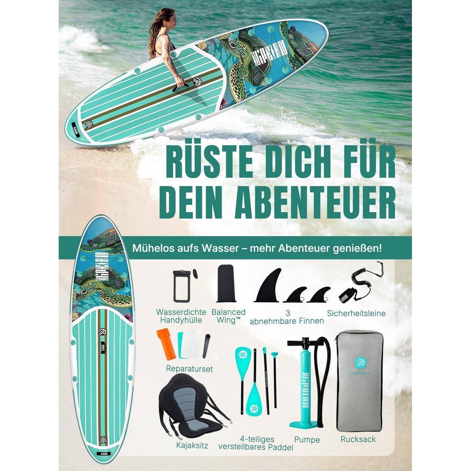 Eine Frau auf einem Stand-up-Paddleboard im Wasser, die Outdoor-Ausrüstung präsentiert mit folgenden abgebildeten Gegenständen: Paddel, Pumpe, Rucksack, Flossen und Handyhülle. Text auf Deutsch, der zur Abenteuervorbereitung ermutigt.