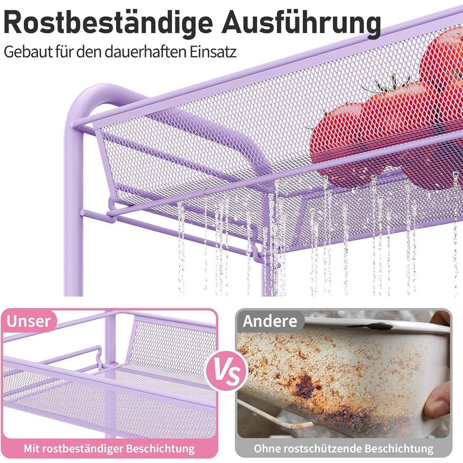 Ein lila Metallregal wird gezeigt, bei dem Wasser abfließt und dabei seine rostbeständige Eigenschaft hervorhebt. Eine Einblendung zeigt den Vergleich mit einer rostigen Oberfläche.